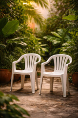 Obraz premium Empty White Plastic Chairs in a Garden