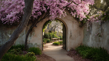 Naklejka premium Pastel concrete archway with blooming spring flowers in soft diffused morning light