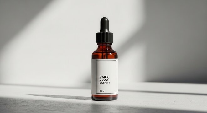 A brown glass dropper bottle with a white label and black cap on a white surface with sunlight casting shadows