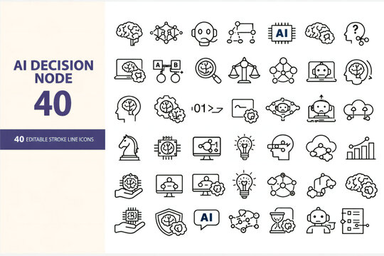 Artificial intelligence decision node icon set for tech development