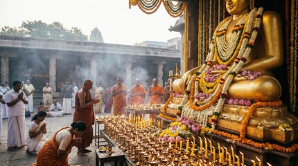 Naklejka premium Monks Worshipping at Golden Buddha Temple with Incense