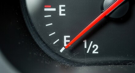 Naklejka premium Close-up of a car fuel gauge showing almost empty tank with red needle pointing to E, indicating low gasoline level and potential need for refueling