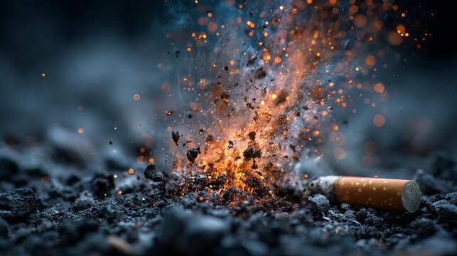 A cigarette butt lies on the ground amidst a fiery explosion of sparks and smoke