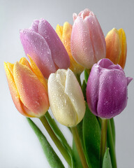 Fototapeta premium Fresh Pastel Tulip Bouquet with Morning Dew Drops on White Background, Soft Spring Floral