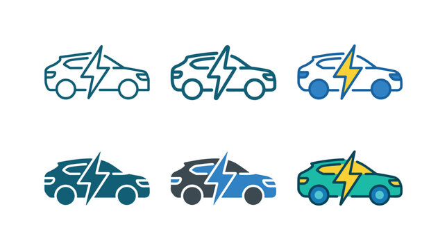 Collection of electric car icons with lightning bolt symbols in various colors