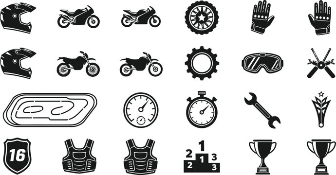 Various black and white icons illustrate equipment and objects associated with professional motorcycle racing and competitive motorsport events.