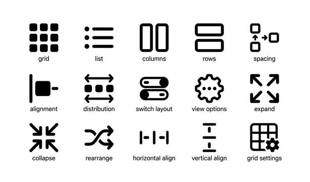 Black icon set featuring grid, list, columns, rows, and more interface symbols