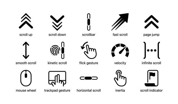 Scroll icons set: arrows, gestures, and indicators for ux design