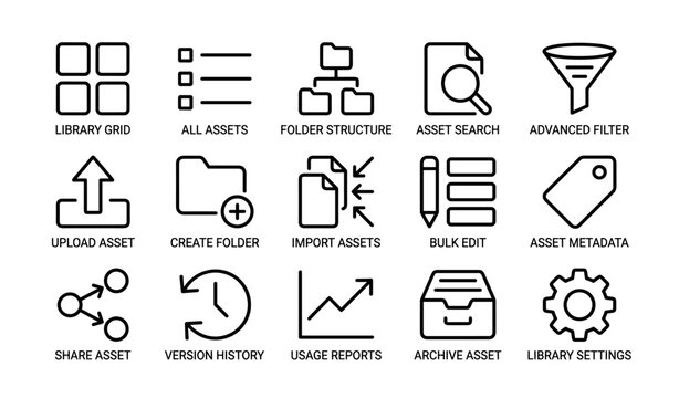 Asset management icons: library, folder structure, filter, metadata, settings