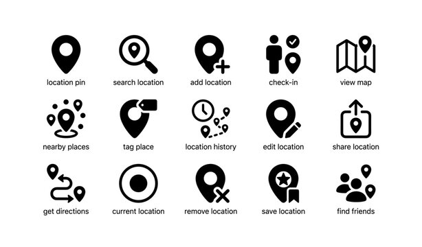 Location icon set: pins, maps, directions, and social features
