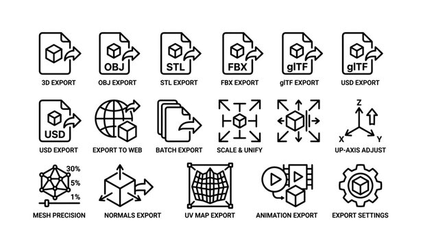 Export icons: obj, stl, fbx, gltf, usd file types with 3d settings and features