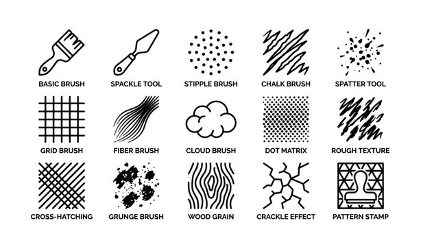 Digital art tools: brushes, patterns, textures, and effects displayed in icon set