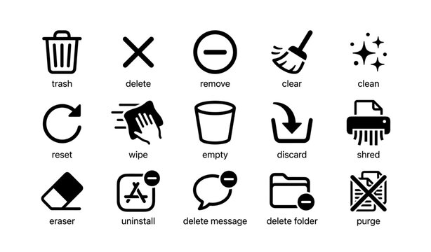 Icon set of trash, delete, remove, clear, clean, and more