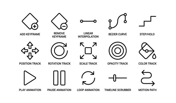 Animation icon set: keyframes, interpolation, tracking, curves, loops