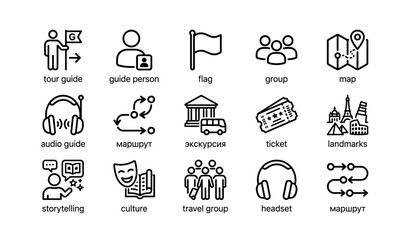 Fototapeta premium Icon set representing travel guide, group tours, and cultural exploration elements