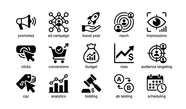 Digital marketing icons: ad campaign, analytics, targeting, budget, bidding, ab testing