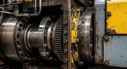 Obraz premium Close-up of industrial machinery with metal gears and yellow panels, showcasing mechanical components and textures in a factory setting with precision engineering