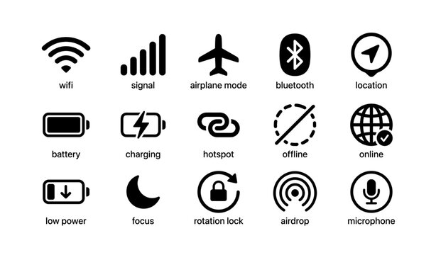 Set of mobile icons: wifi, signal, airplane mode, bluetooth, location, battery, charging