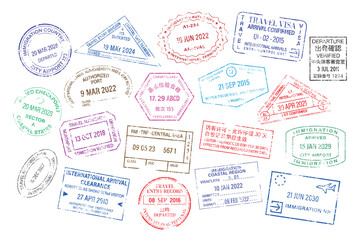 Colorful passport stamps collection vector elements