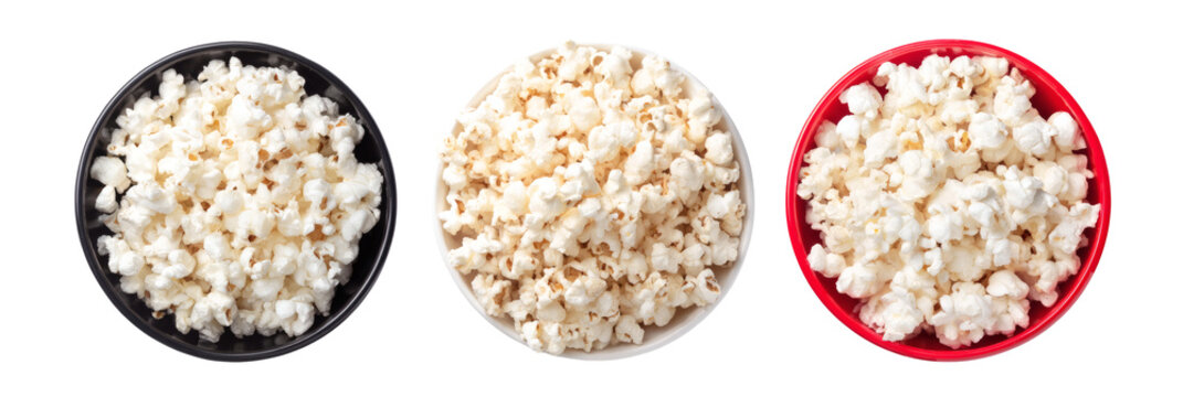 Three distinct bowls filled with fluffy white popcorn showcasing different container colors&nbsp;
