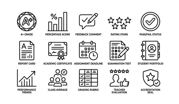 Educational icons: grades, reports, certificates, deadlines, tests, and evaluation