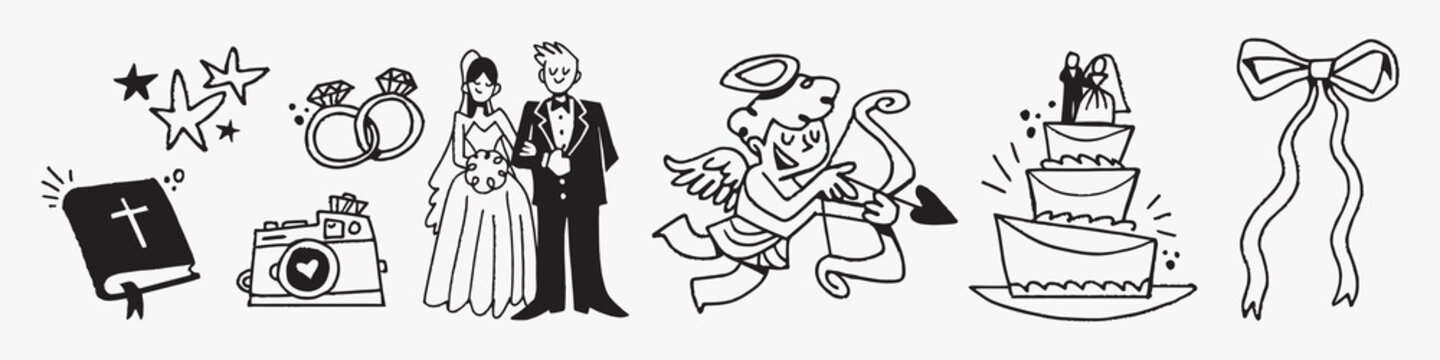 Whimsical wedding-themed black illustrations vector element set
