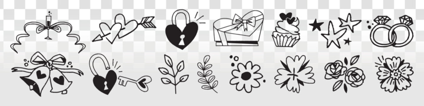 Romantic doodles for creative projects vector element set