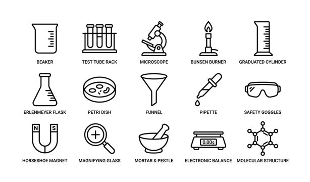 Laboratory equipment icons: beaker, microscope, bunsen burner, pipette, molecular structure