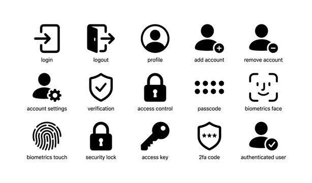 User account icons: login, logout, profile, add/remove, security features, biometric recognition