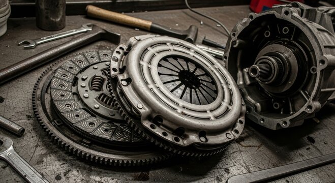 Car clutch kit on a workshop table with transmission parts and hand tool. Automotive repair and mechanical maintenance service. Spare part for manual transmission vehicle engine system.