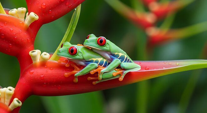 Two Red-Eyed Tree Frogs Mating on a Vibrant Red Heliconia Flower with Dewdrops
