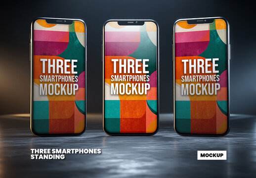 Three Smartphones Standing Mockup