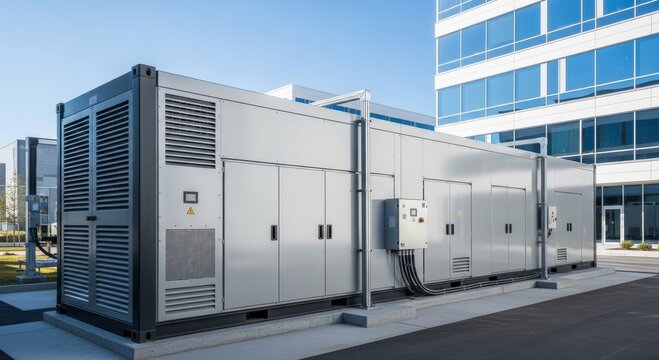 Industrial battery energy storage system unit outside a modern office building. Large container for grid electricity backup. Sustainable power infrastructure and renewable energy solution.