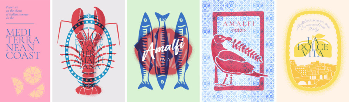 Amalfi summer pattern with mediterranean lemons and seafoods. Italian lobster and sardine illustrations for vintage coastal posters. Italian text translate: Sweet life, Summer in Italy on Amalfi Coast