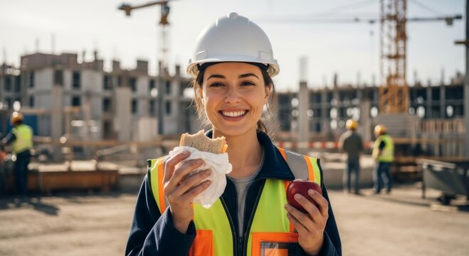 Woman construction worker eating sandwich and apple during lunch break at work site. Professional architect in hard hat enjoying meal. Female engineer on site building renovation project.