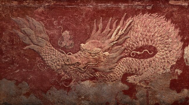 風化した壁画のような、色褪せた朱色の古代中国の龍の拓本風背景素材