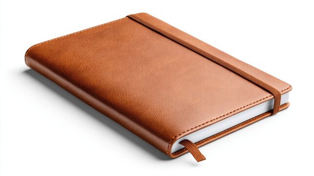 brown leather notebook with elastic band and bookmark on white background