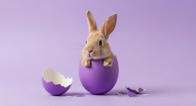 A cute little bunny emerges from a broken purple Easter egg on a matching purple background with pieces of eggshell scattered around