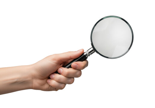 ultra-detailed macro photograph of a clean human hand gripping a black metal magnifying glass against a seamless transparent background with flat lighting. concept for commercial presentation and