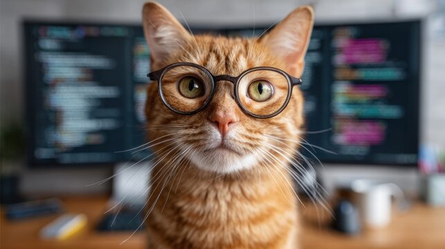 Smart ginger cat wearing glasses looks at the camera with computer code in the background