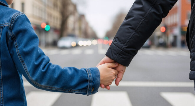 Child holding parent's hand while crossing the street. Close up of hands on a zebra crossing in the city. Safety and protection concept