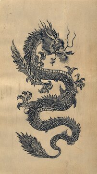 プラチナ色の六本足と六枚翼を持つ龍、木版画風の神聖な和風背景素材