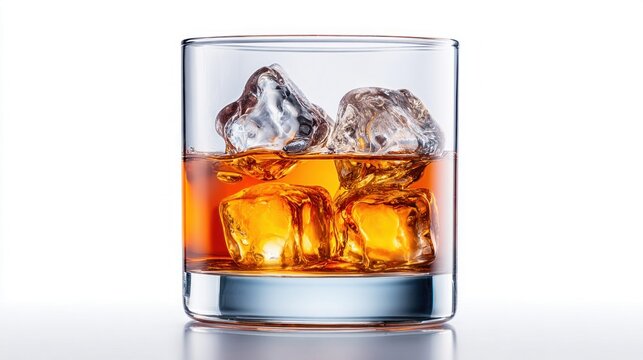 Whiskey on the rocks in a classic rocks glass against a bright white background