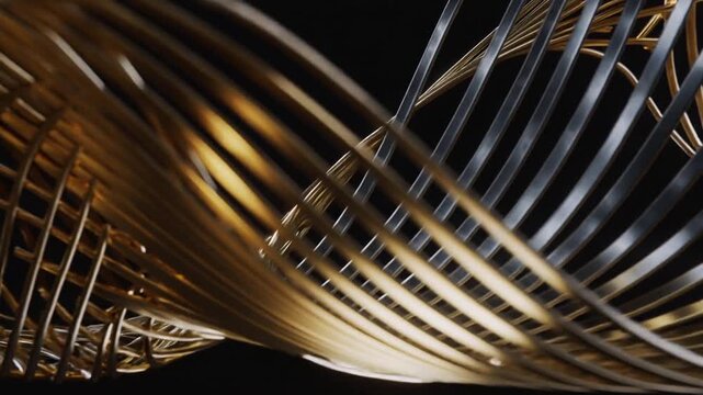 Vertical video: Metal ribbon curling into knot on set, zoom showing gold silver slats for design