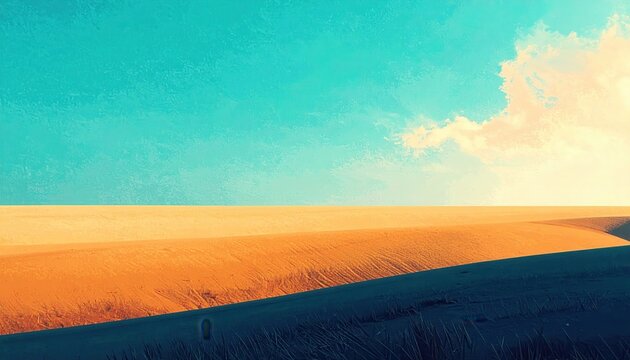 Vasto paesaggio desertico con dune dorate sotto un cielo azzurro turchese vibrante e luce solare intensa.