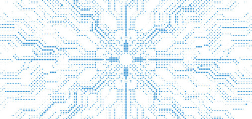 Fototapeta premium Blue abstract digital circuit board pattern with radiating lines and dots, representing technology and data flow on a clean white background.