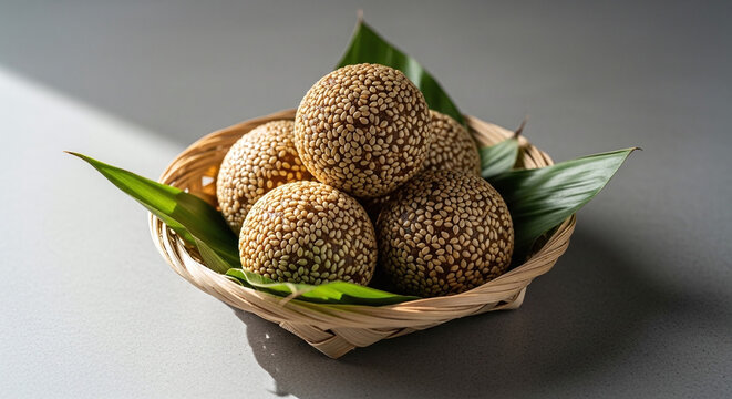 Traditional Sri Lankan Thala Guli (Sesame Sweets) in Woven Basket