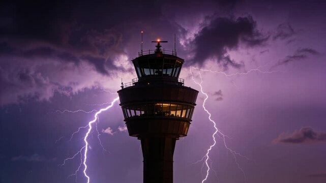 Flashing storm clouds producing forked lightning behind control tower at night, with cab lights