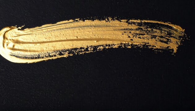 Pennellata orizzontale di vernice oro metallizzato brillante su sfondo nero profondo, texture astratta.