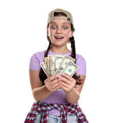 Pocket money. Girl with dollar banknotes on white background